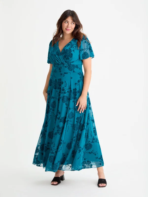 Sale Event luxury dressIsabelle Teal Chinoise Velvet Flock Angel Sleeve Maxi Dress