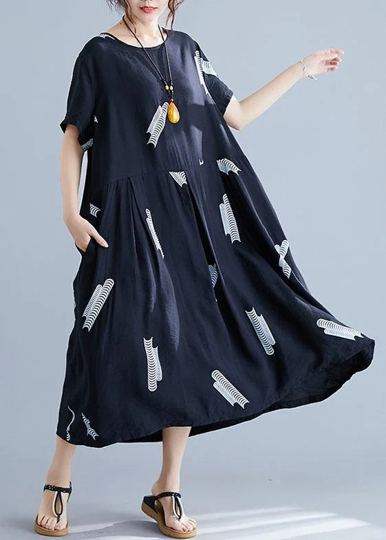Members Only high-waisted dressBohemian black prints cotton linen Robes loose waist Plus Size Clothing summer Dresses