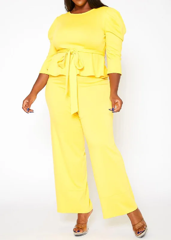 Bargain Blast HI Curvy Plus Size Women Solid Peplum Top & Straight Pants Set