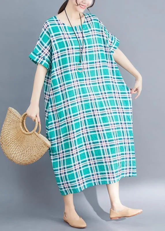Act Now vintage-inspired dressNatural green cotton clothes 2024 Sleeve plaid Plus Size Clothing summer Dress