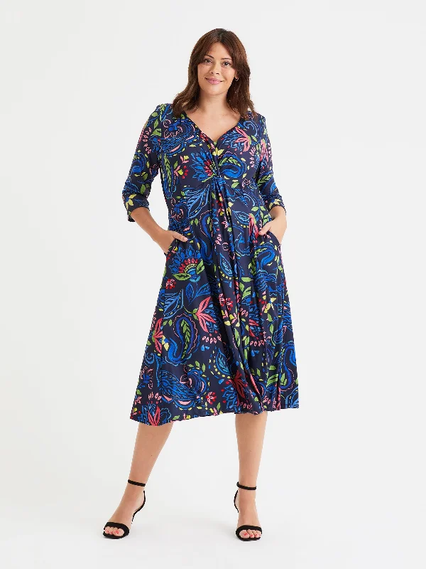 Super Sale stylish party dressClaudia Navy Blue Yellow Peach Touch Jersey Knot Front Dress