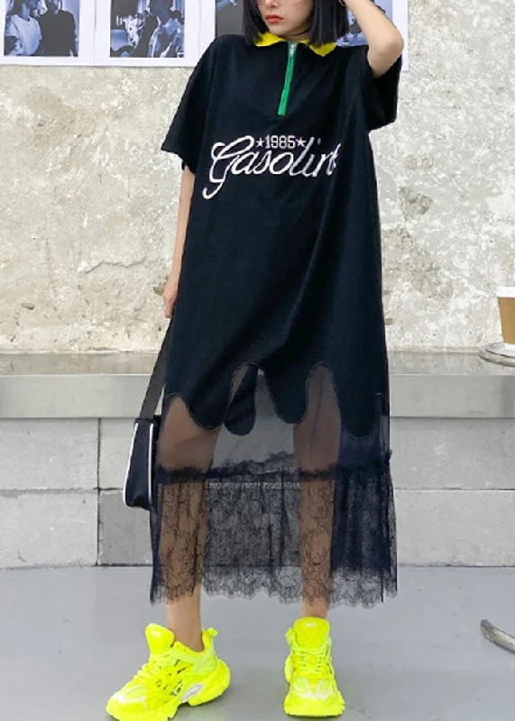 New Markdowns sleek midi dressBeautiful black embroidery cotton clothes lapel patchwork tulle Traveling Dresses