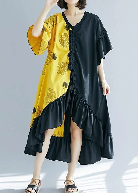 Huge Discounts office dressModern black patchwork yellow Long Shirts v neck Ruffles Maxi summer Dress