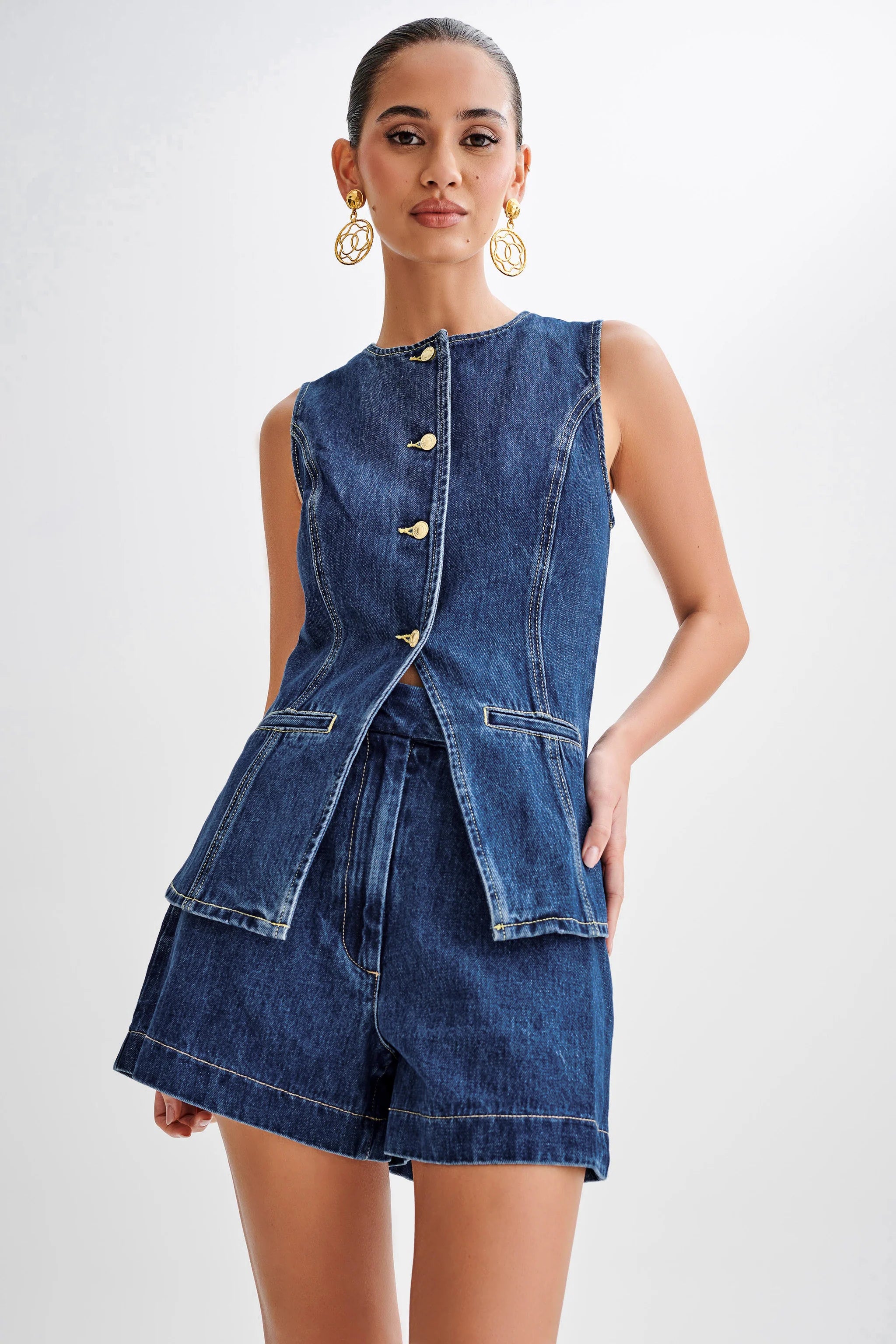 Today’s Deal Denim Sleeveless Button Up Top Suit-Blue