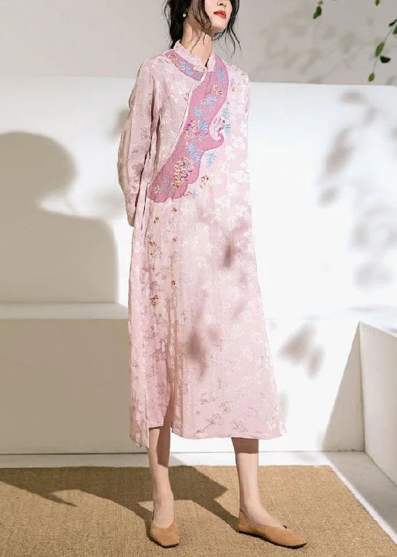 Bargain Bin chic wrap dressNatural stand collar embroidery linen dresses Fashion Ideas pink Dresses