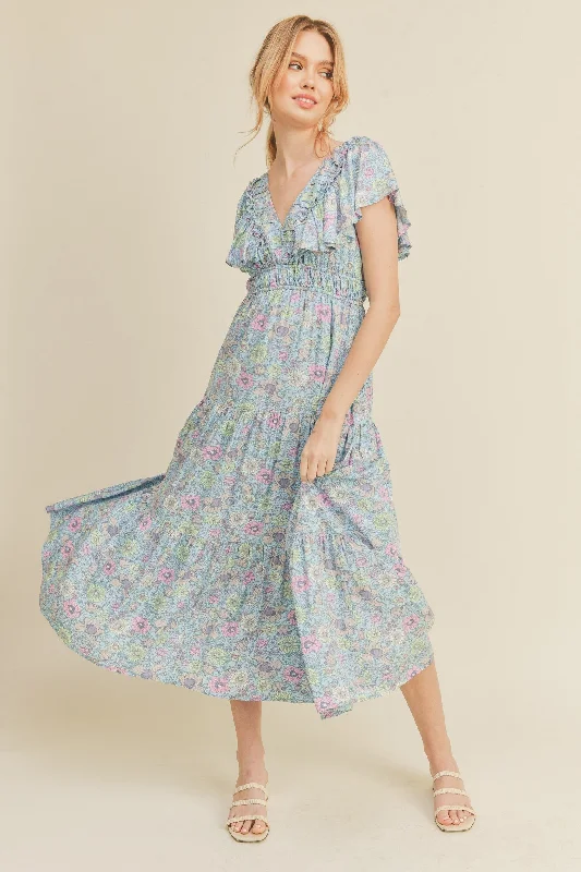 YEAR-End Clearance vintage dressSky Blue Floral Tiered Floral Midi Dress