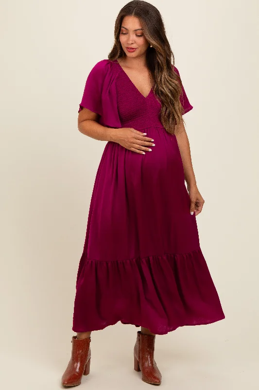 Clearance Event elegant dressDeep Red Satin Smocked Maternity Midi Dress