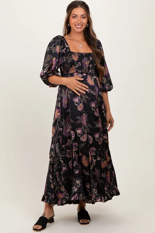 Super Deal fitted bodycon dressBlack Floral Smocked Ruffled Hem Maternity Maxi Dress