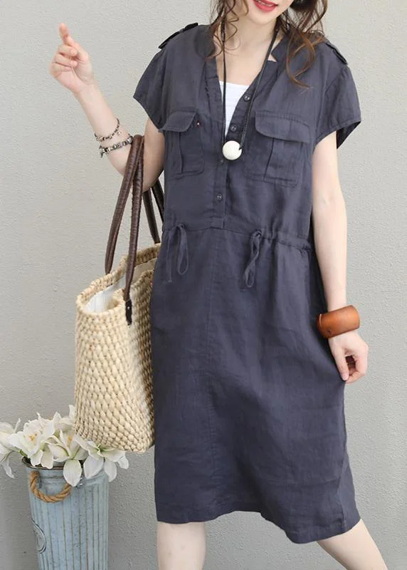 Inventory Reduction draped dressModern v neck drawstring linen summer clothes Cotton navy Dresses