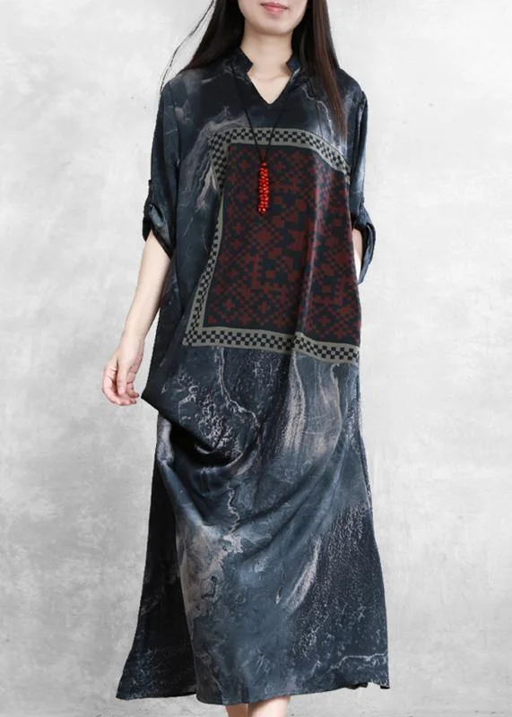 Special Offer fitted bodycon dressBeautiful v neck asymmetric clothes dark gray print Dresses