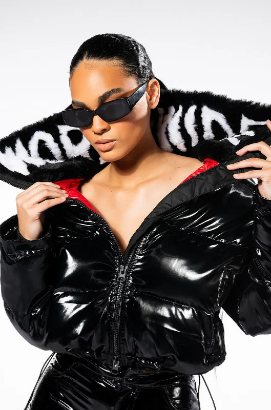 Act Fast oversized trench coatWORLD WIDE PATENT PUFFER WITH FUR COLLAR