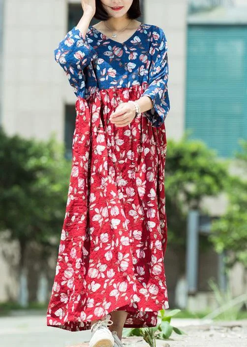 Steals and Deals denim dressLoose blue red print cotton tunic pattern v neck asymmetric Maxi summer Dresses