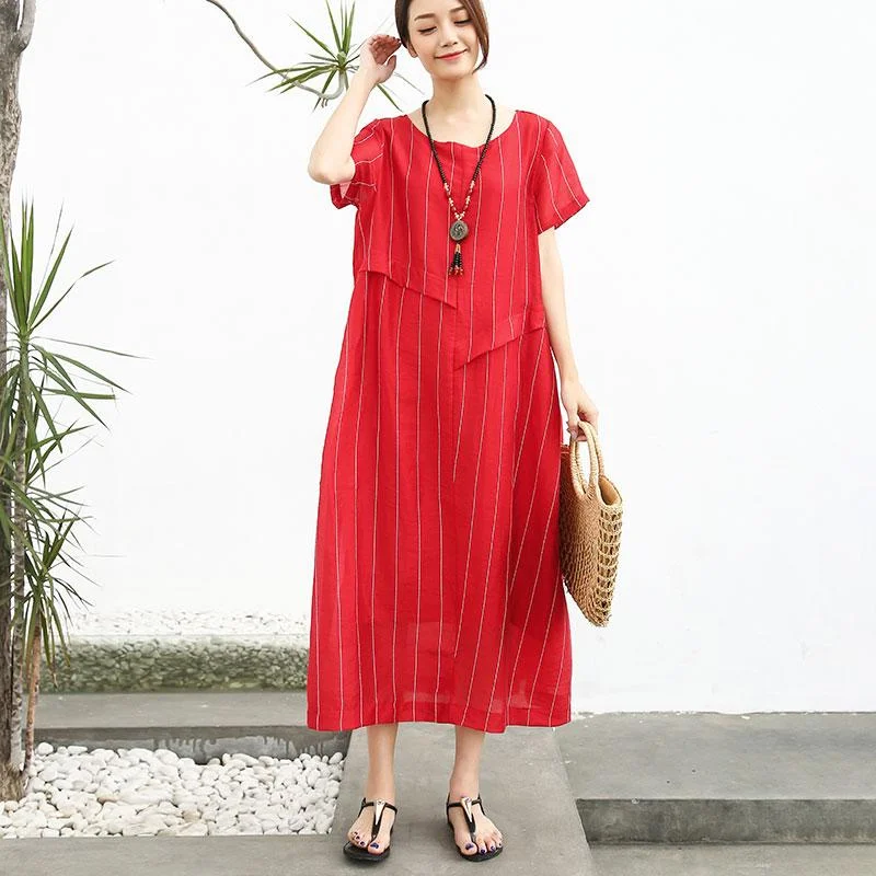 Reduced Prices high-waisted dressFrench cotton quilting clothes Fashion Linen Cotton Women Short Sleeve Stripe Red Dress