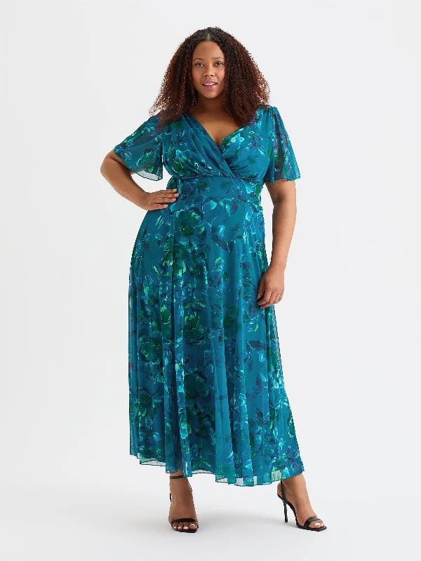 Bargain Bin fitted dressIsabelle Teal Blue Peacock Float Sleeve Maxi Dress