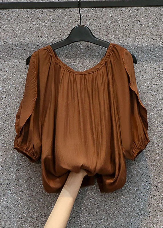 Epic Deals Coffee Patchwork Chiffon Top Ruffled O Neck Summer LY0381