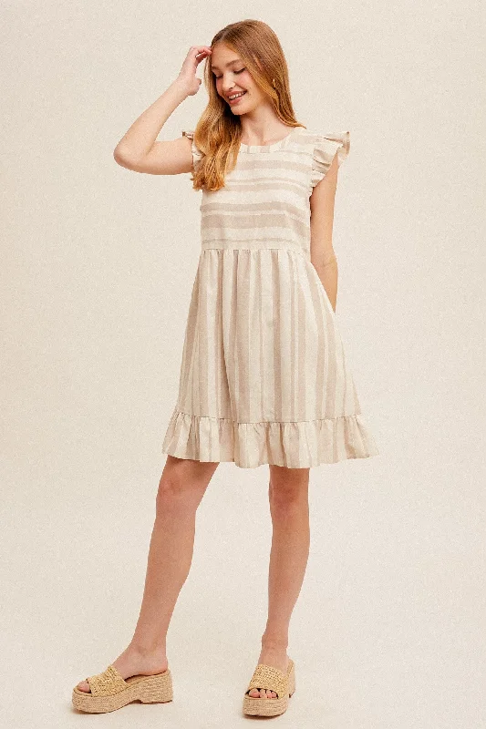 Exclusive Preview wool dressTaupe Flutter Ribbon Tie Back Tiered Stripe Mini Dress