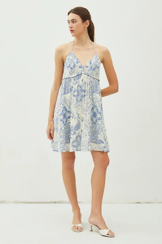 Shop and Save elegant evening dressBlue Paisley Print Halter Dress