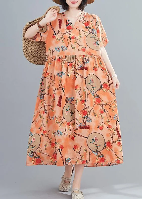 Reduced Prices winter dressHandmade v neck short sleeve summer orange print Traveling Dress