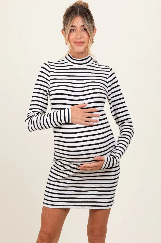 Exclusive Access elegant dressIvory Striped Mock Neck Long Sleeve Maternity Fitted Dress