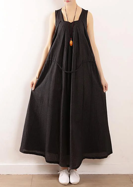 Price Cut off-the-shoulder dressModern Sleeveless drawstring linen clothes plus size design black cotton Dress Summer