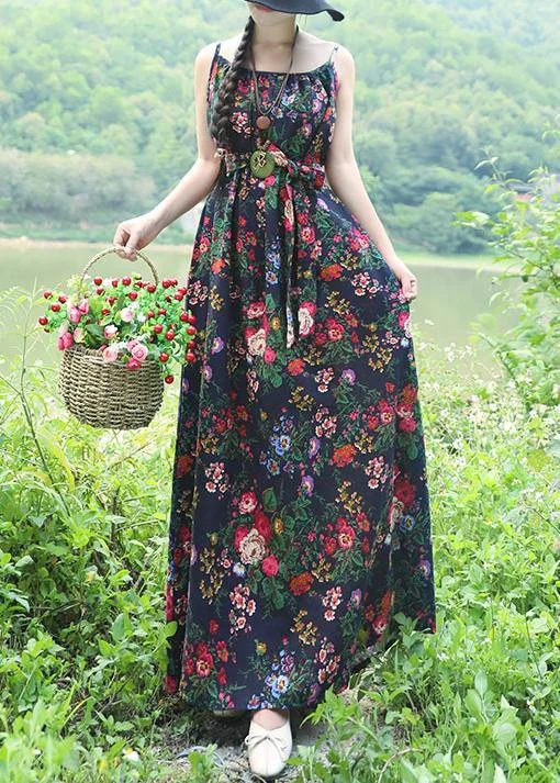 New Markdowns winter dressModern blue floral linen cotton clothes Women o neck daily summer Dress
