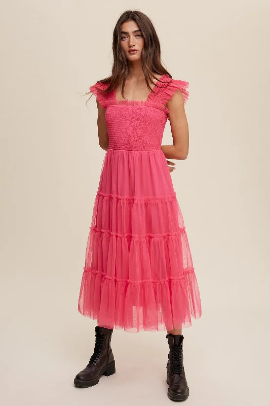 Hurry In oversized dressHot Pink Smocked Ruffle Tiered Mesh Midi Dress