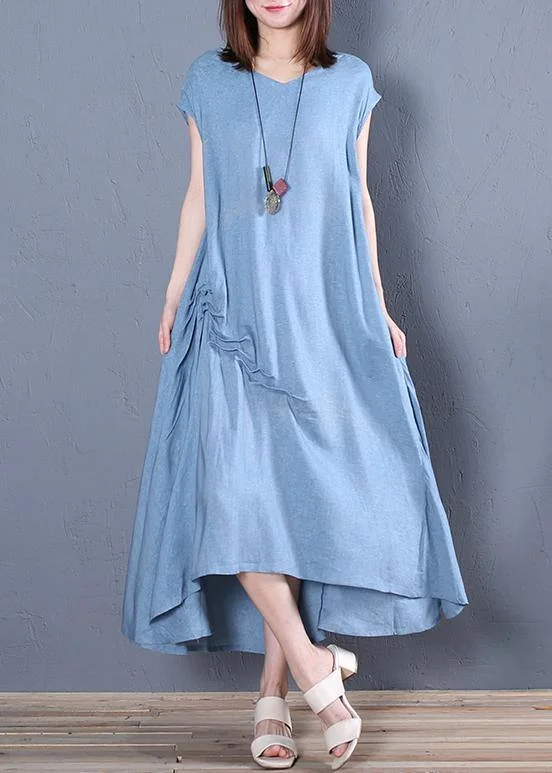 Blowout Deals chic slip dressOrganic blue cotton clothes For Women v neck Cinched loose Dresses