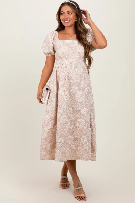 Take Advantage floral midi dressBeige Floral Jacquard Knit Puff Sleeves Maternity Midi Dress