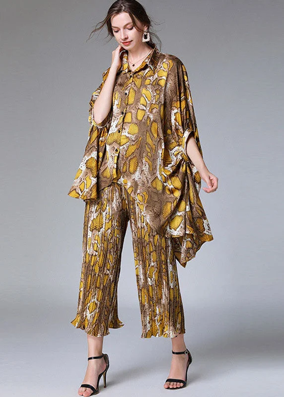 Markdowns Natural Colorblock Peter Pan Collar Print Tops And Pants Chiffon Two Pieces Set Summer LY0024