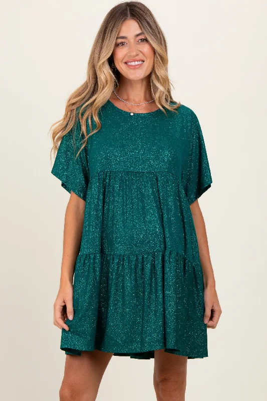 Stock Clearance silk dressForest Green Glitter Flutter Sleeve Tiered Maternity Dress