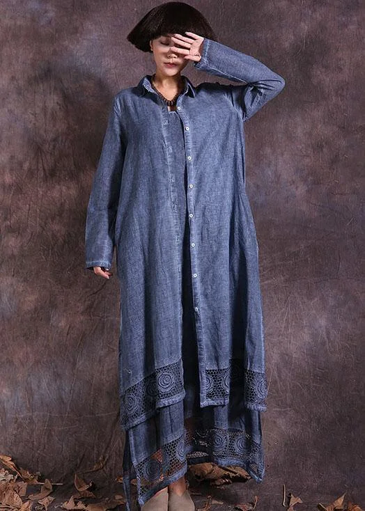 Daily Specials pleated dressClassy blue lapel collar linen cotton Long Shirts lace hem cotton robes summer cardigan