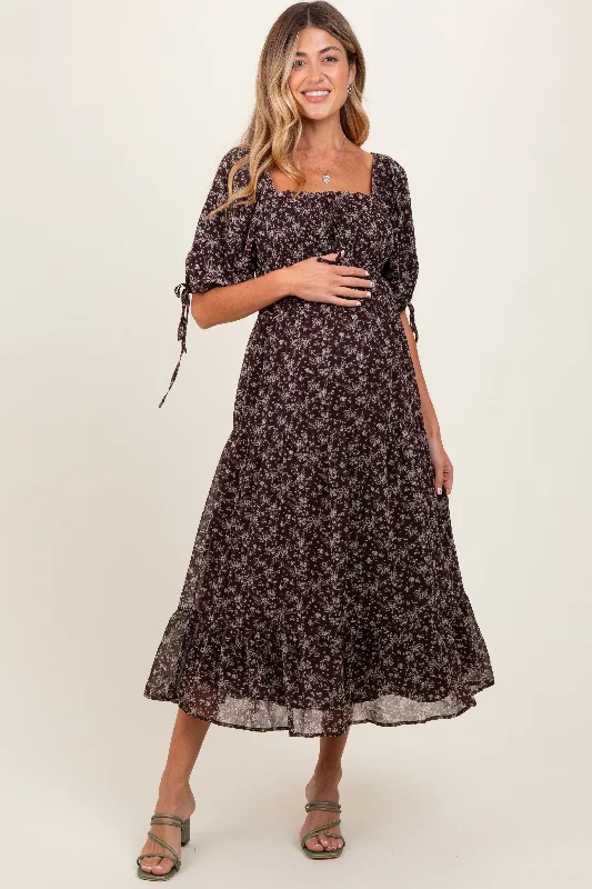 Bargain Prices sleek dressDark Brown Floral Smocked Sleeve Tie Maternity Midi Dress