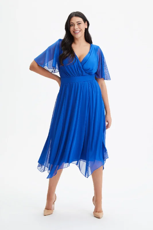 Super Sale satin dressJulie Solid Cobalt Hanky Hem Dress