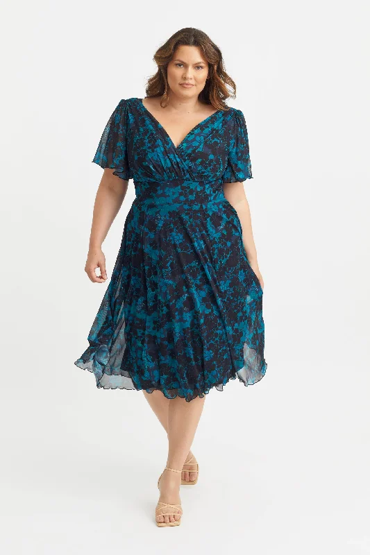 Today Only elegant evening dressVictoria Teal Black Angel Sleeve Mesh Midi Dress