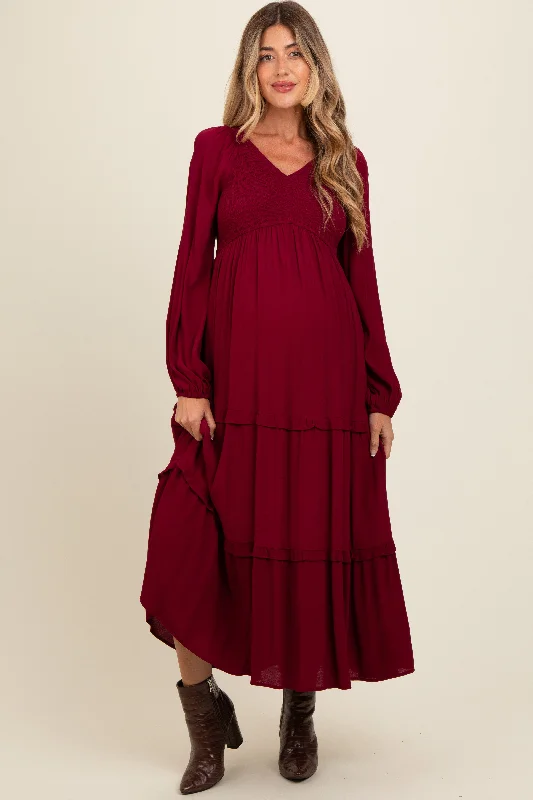 Final Clearance casual knit dressBurgundy Smocked Tiered Maternity Midi Dress