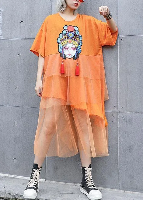 Flash Deals structured dressNatural orange prints cotton clothes For Women patchwork tulle loose summer Dresses
