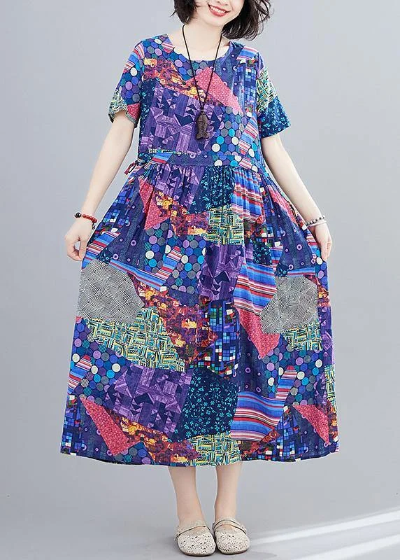 Savings Event ruffle dressChic o neck Cinched clothes pattern blue print Plus Size Dress