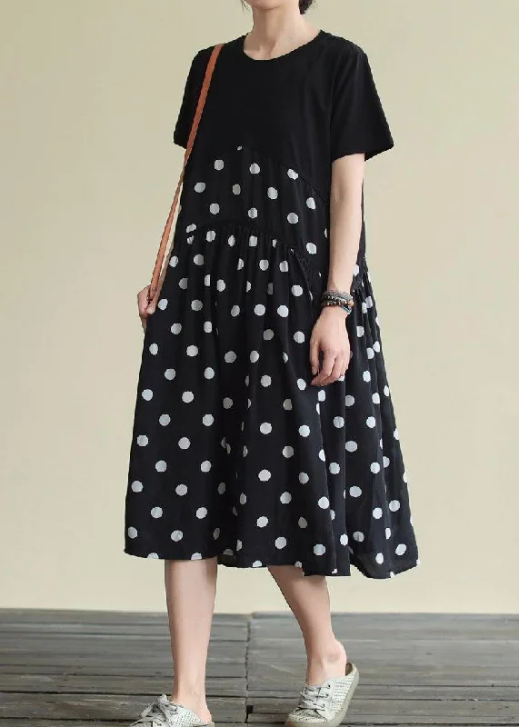 Instant Savings casual knit dressClassy black dotted Cotton clothes o neck patchwork A Line Dress
