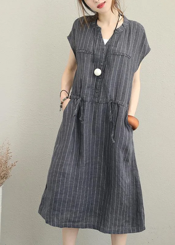 Lowest Prices elegant dressBohemian gray striped linen clothes For Women v neck drawstring Maxi summer Dresses