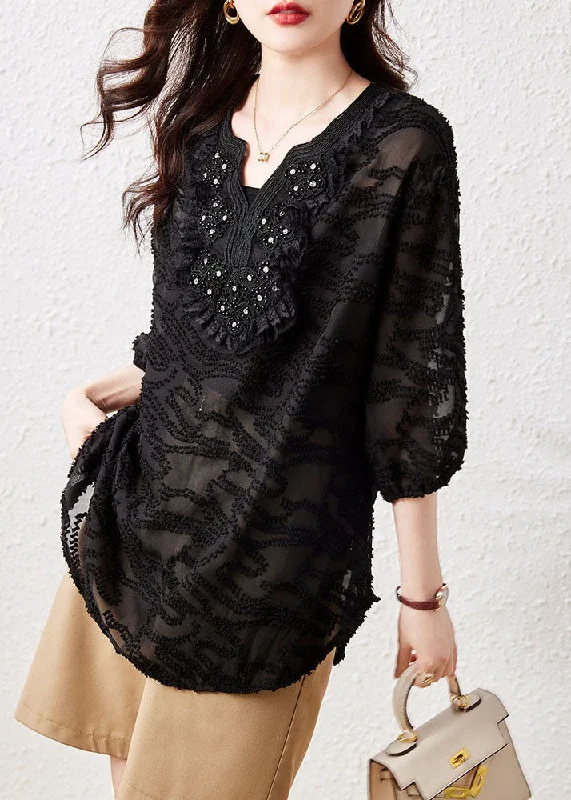 Exclusive Deal Loose Black Embroideried Nail Bead Patchwork Chiffon Shirt Tops Summer TQ1063