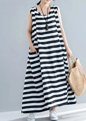 Low Prices party-ready dressLoose sleeveless o neck black striped cotton robes Dress summer