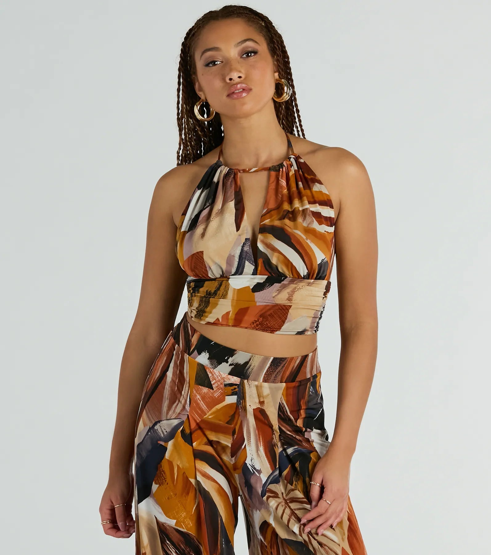 New Deals Vacay Ready Tropical Knit Halter Crop Top