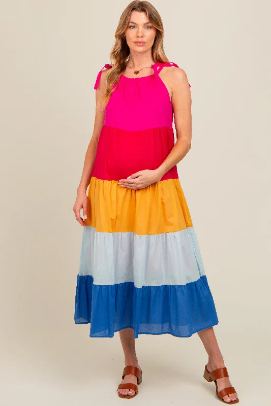 Overstock off-the-shoulder dressFuchsia Colorblock Tiered Maternity Midi Dress