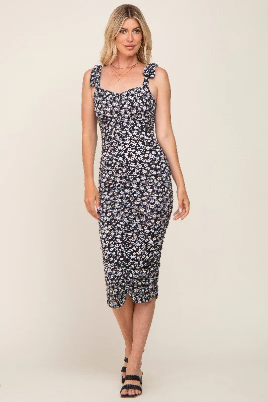 Exclusive Offers party-ready dressBlack Floral Ruched Shoulder Tie Midi Dress