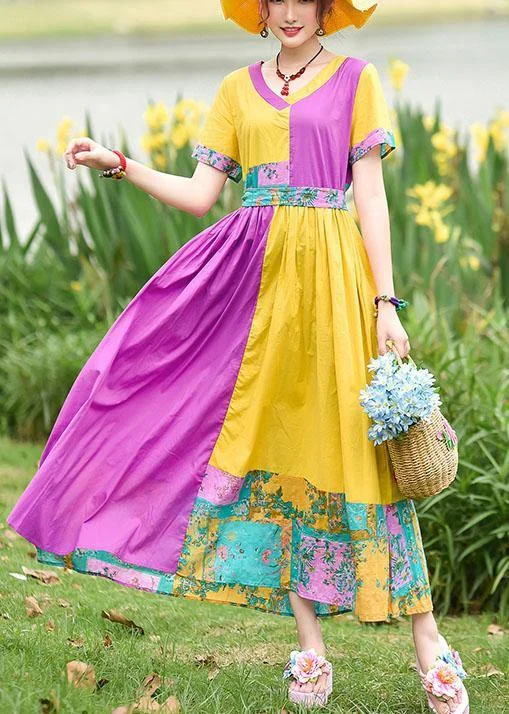 Early Access structured dressNatural yellow purple print cotton Tunics v neck patchwork Maxi summer Dress
