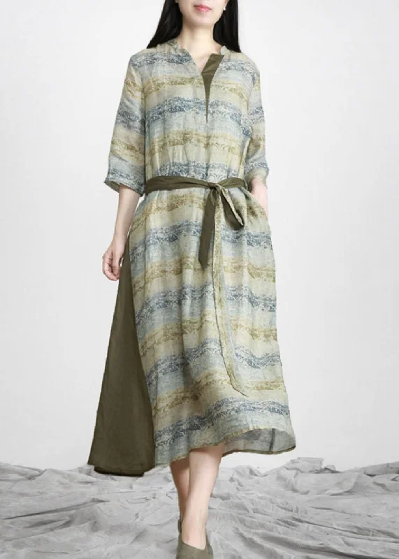 Special Buy knit dressHandmade Green Print V Neck Robe Linen Dresses Half Sleeve