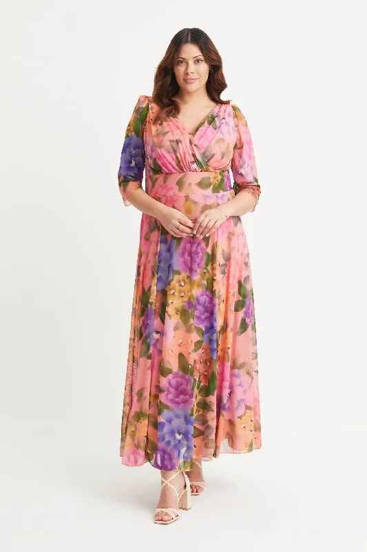 Value Deals floral wrap dressVerity Peach Pastel Multi Print Maxi Gown