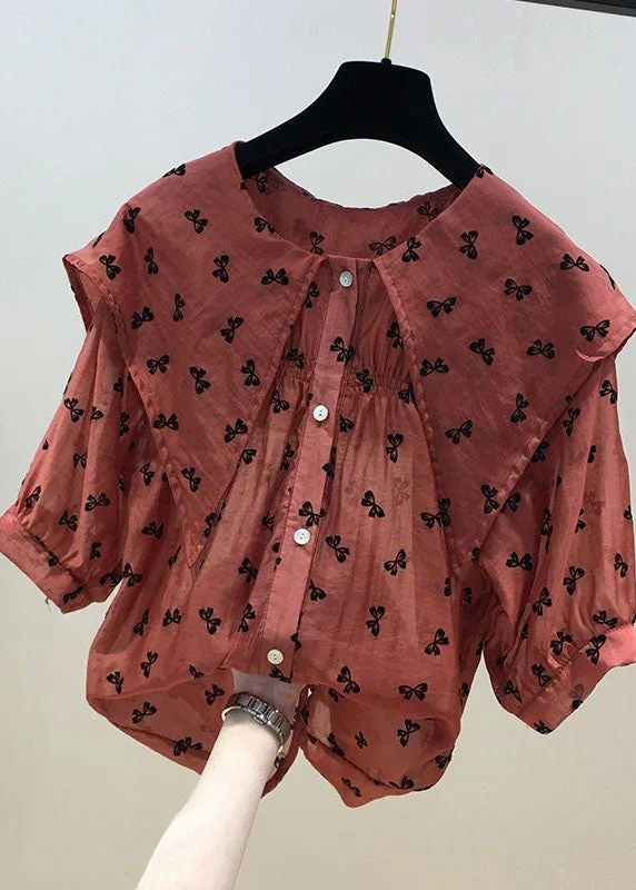 Fantastic Deals Cute Red Peter Pan Collar Print Chiffon Shirts Tops Summer LY0590