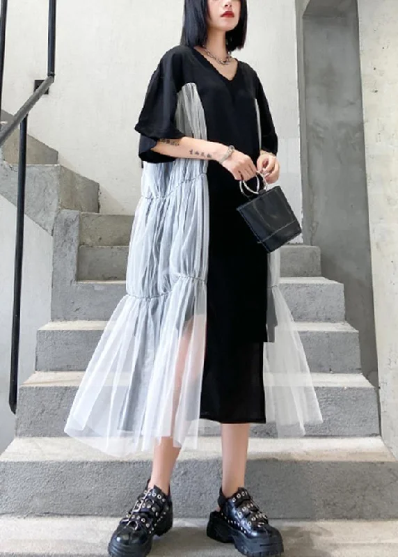 Steals and Deals floral dressNatural black cotton quilting clothes o neck patchwork tulle Robe summer Dresses