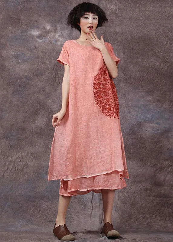 Limited Availability romantic dressElegant orange embroidery linen cotton dress side open long summer Dresses